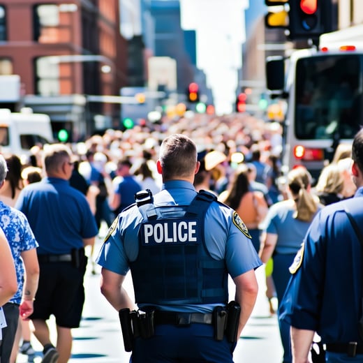 American police officer watching people on a crowded street